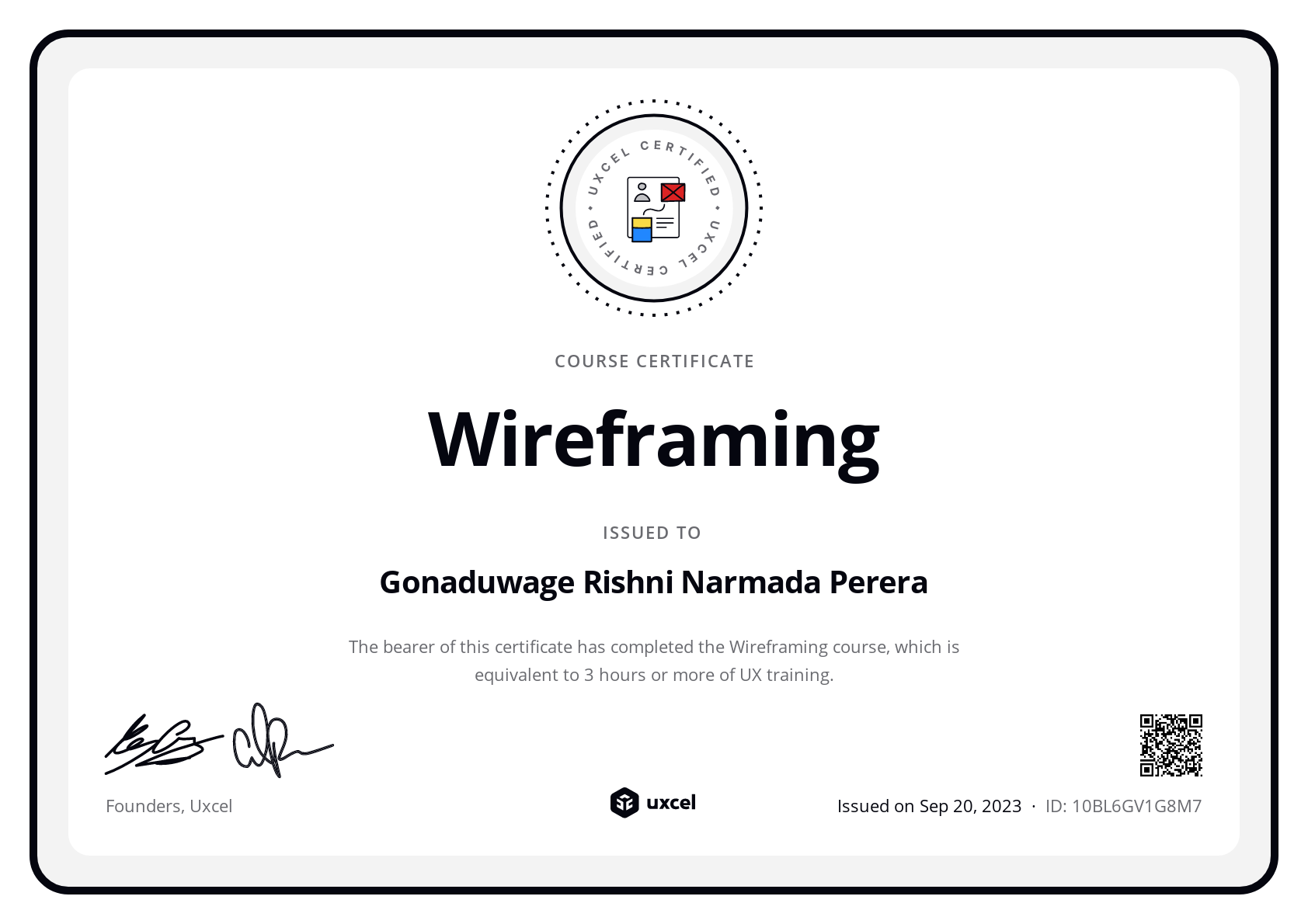 Gonaduwage Rishni Narmada Perera's certificate